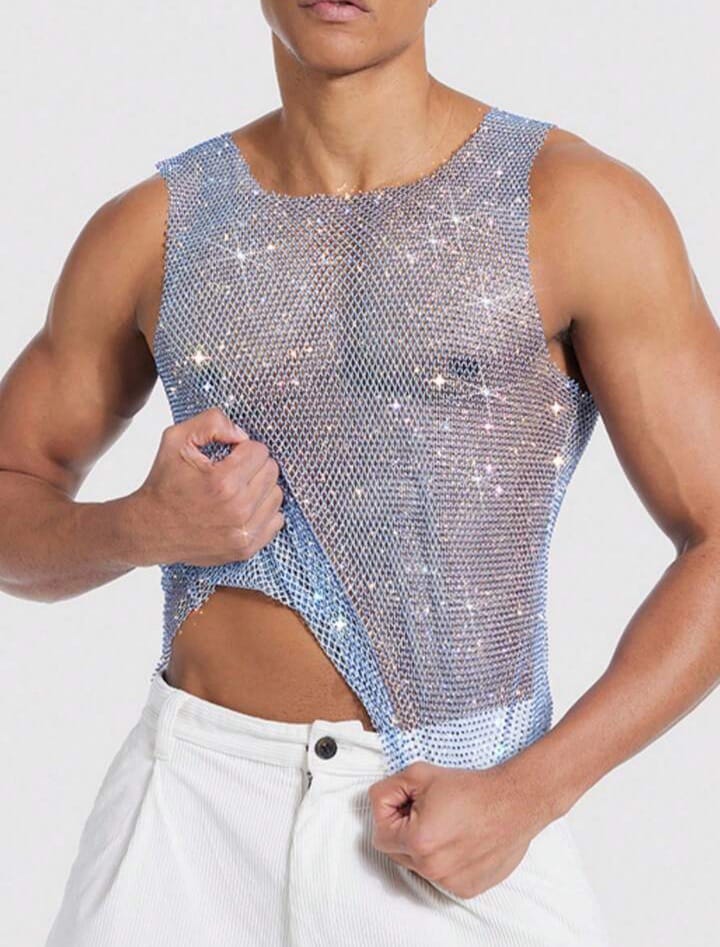 Manfinity AFTRDRK Men's Blue Elastic Mesh Rhinestone Decor Tank Top Rhinestone Top Men